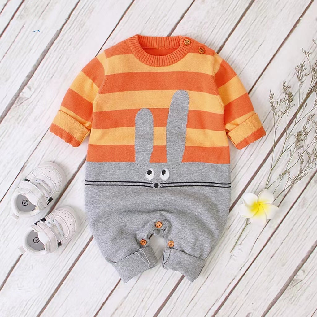Baby Bunny Embroidery Striped Pattern Contrast Knitted Romper