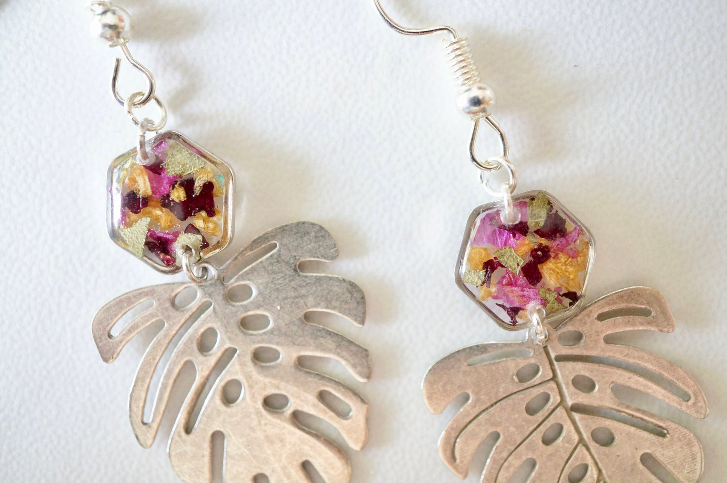 Real Pressed Flowers and Resin Drop Earrings, Silver Palm Leaf and Hexagons in Floral Mix