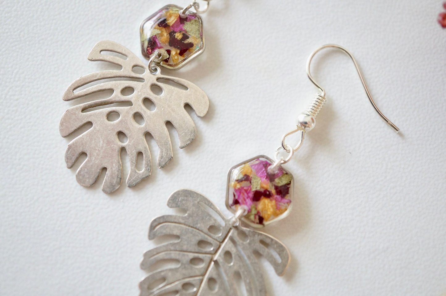 Real Pressed Flowers and Resin Drop Earrings, Silver Palm Leaf and Hexagons in Floral Mix