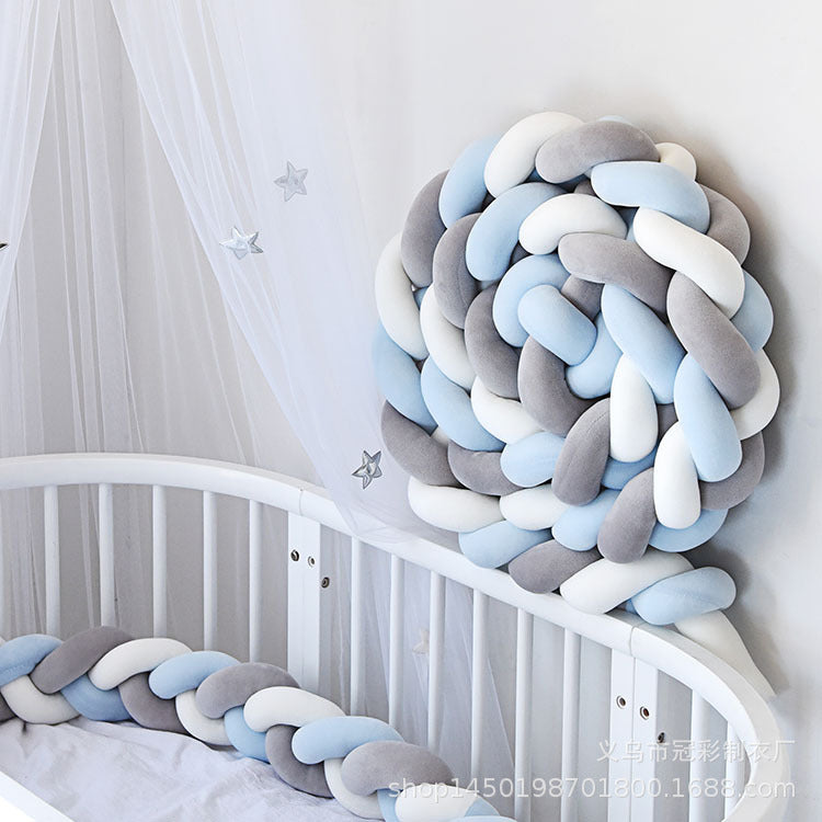 New Nordic Style Twisted Knit Baby Bed Rail Bumper, Long Strip With Three-Strand Twisted Braided Knot Rope Cushion