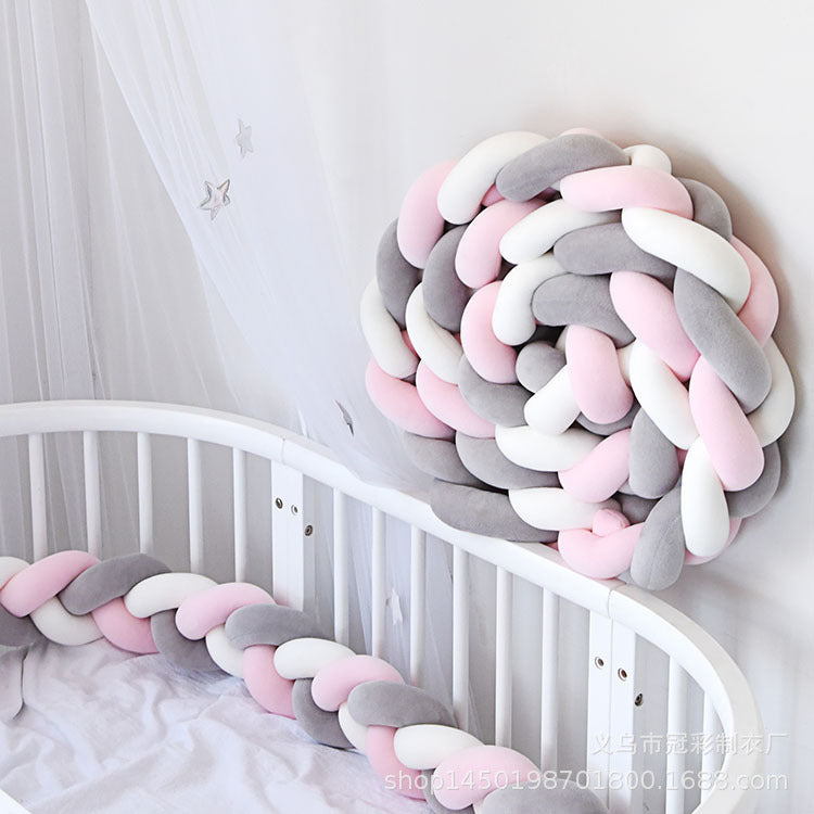 New Nordic Style Twisted Knit Baby Bed Rail Bumper, Long Strip With Three-Strand Twisted Braided Knot Rope Cushion